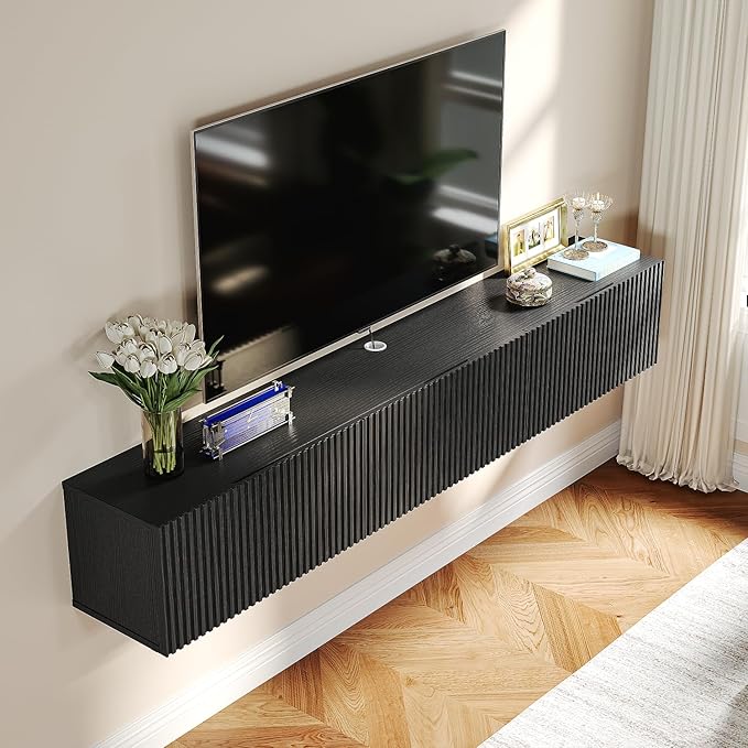 Floating TV Stand with 3 Doors,70IN Wall Mounted TV Cabinet,Slatted Floating Media Console Entertainment Center with Storage,Under TV Shelf for Bedroom Living Room,Black