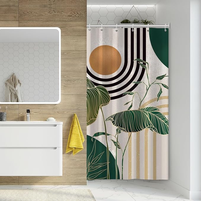 Boho Green Geometric Shower Curtain Bohemian Abstract Mid Century Tropical Bathroom Curtain Minimalist Modern Palm Leaf Shower Curtain Sets for Bathroom Extra Long 36x72 in with 6 Hooks