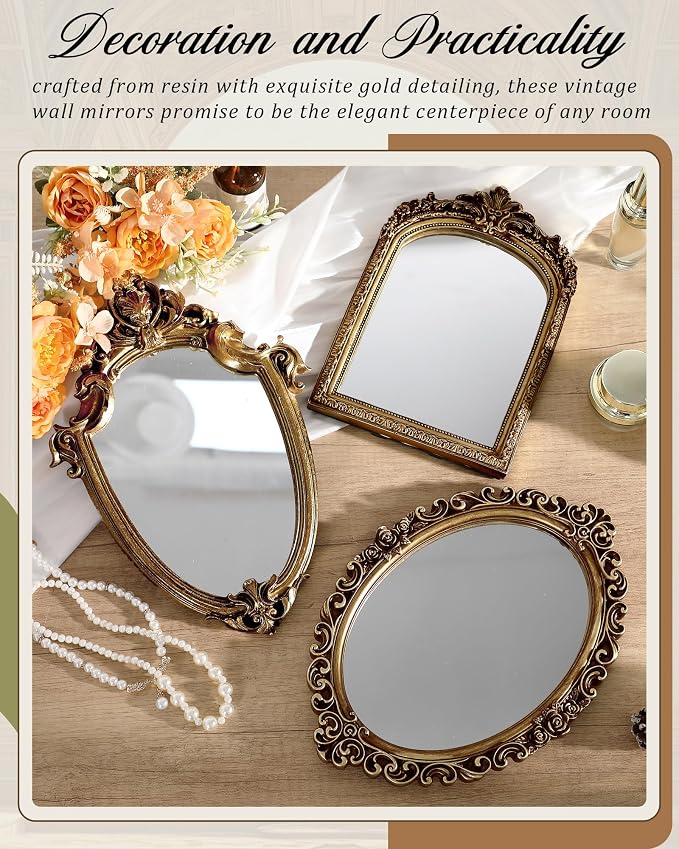 Wonderjune 3 Pcs Vintage Gold Mirror Set Wall Decorative, 8-15in Vintage Wall Mirror Hanging Antique Hanging with Stand for Living Room Home Wedding Decor(Classic Style, 13in/12in/10in)