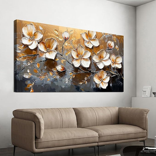 Canvas Wall Art Decor Wall Art Pictures for Living Room Vintage Floral Wall Art Decor White Gold Wall Art Prints Large Artwork for Walls Canvas Art Wall Decor for Bedroom Office Wall Decor 20" X 40"
