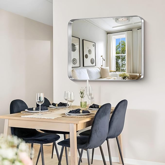 CIRCUMI Silver Bathroom Mirror, 30"x36" Rectangular Mirror with Deep Metal Frame, Rounded Corner, Tempered Glass, Mirror for Wall, Oversink, Bedroom, Installed Vertically/Horizontally, Crystal-Clear