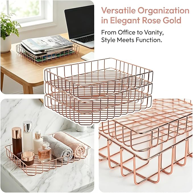 Okllen 3 Pack Wire File Tray, Rose Gold Desk Paper Letter Tray, Magazine Files Storage Basket Organizer Bin for Office, Pantry Home, Classroom, School