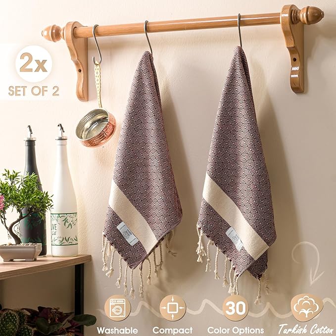 Hand Towels - Set of 2 | 18" x 30" - Decorative Turkish Hand Towel for Bathroom, Kitchen, Guest, Face, Hair, Tea, Dishcloth (Diamond, Claret Red)