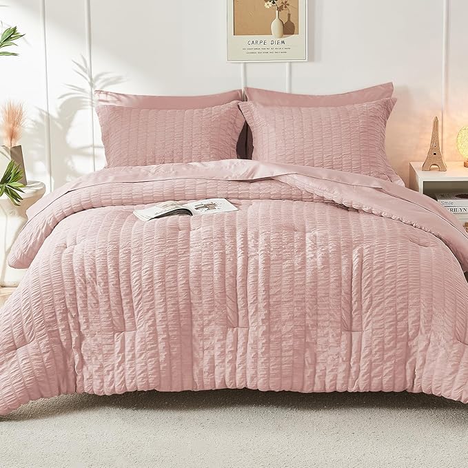 HYMOKEGE Rose Gold Queen Comforter Set Seersucker 7 Pieces, All Season Luxury Bed in a Bag for Bedroom, Bedding Set with Comforters, Sheets, Pillowcases & Shams