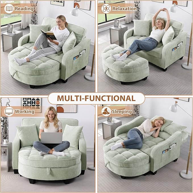 Oversized Curved Chaise Lounge Chair Indoor with Ottoman, 54.8" Cloud Boneless Reading Chair Soft Chenille Circle Couch w/Adjustable Backrest for Living Room, Apartroom, Bedroom, Cyan