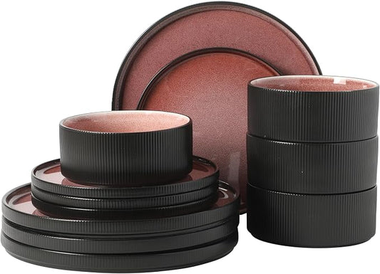 Gibson Elite Redrock Canyon 12-Piece New Bone China Dinnerware Set Service for 4, Reactive Glaze Plates and Bowls, Dishwasher and Microwave Safe, Brick Red
