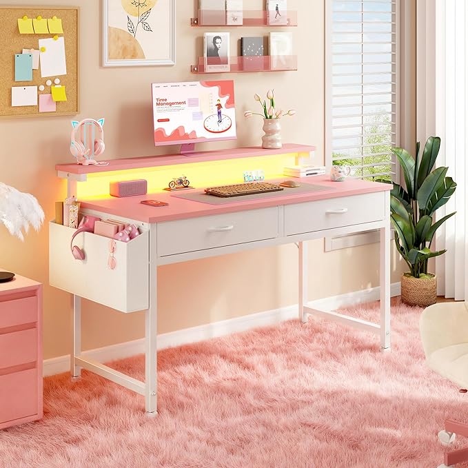 DurayLoly 39.4Inch Office Computer Desk with LED Lights & 2 Fabric Drawers, Gaming Desk with Side Pocket & Ergonomic Monitor Stand, Small Space Study Writing Table with Anti-Tip Design,Pink