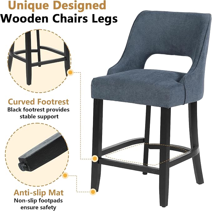 ClinQ Bar Stools Set of 6, 26" H Counter Height Bar Stools with Backs, Modern Upholstered Accent Barstools with Curved Footrest for Kitchen Island, Dining Room and Bar, Navy-Black Legs