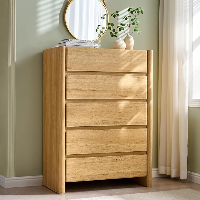 Modern 5 Drawers Dresser for Bedroom, 43" Tall Dresser & Chests of Drawers w/Rounded Corner, Wood Handleless Dresser w/Large Storage & Natural Texture for Bedroom, Living Room-Natural