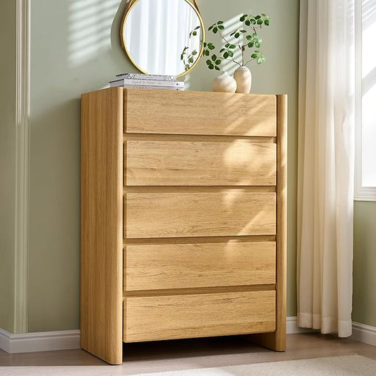 Modern 5 Drawers Dresser for Bedroom, 43" Tall Dresser & Chests of Drawers w/Rounded Corner, Wood Handleless Dresser w/Large Storage & Natural Texture for Bedroom, Living Room-Natural