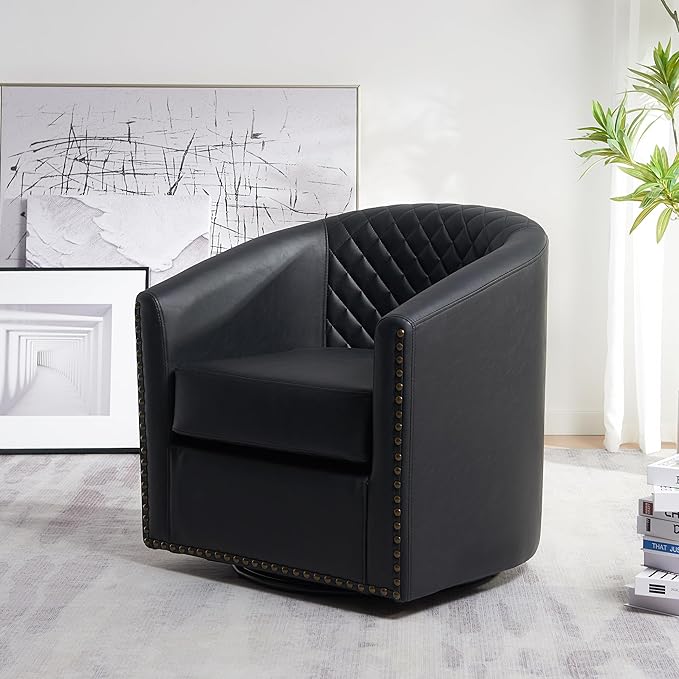 KINWELL 29" Wide Tufted Faux Leather Swivel Barrel Chair, PU Leather Modern Upholstered Accent Chairs with Nailhead Trim, Small Armchair for Living Room Bedroom, Black