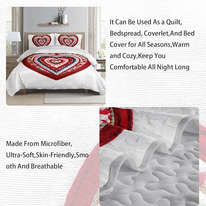 AILONEN Red Knitted Heart Quilt Set Queen Size,Heart Reversible Bedding Sets,Romantic Moment Bedspread Coverlet with 2 Pillowcases,3-Piece,Soft Lightweight Microfiber