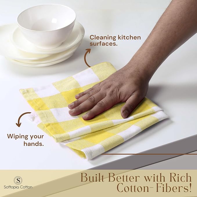 Buffalo Check Kitchen Towels, 16x26 Inches, 12 Pack Plaid Tea Towels, Reusable Cotton Dish Cloths, Quick Drying, Absorbent Towel for Cooking, Drying Dishes, Lemon Yellow and White