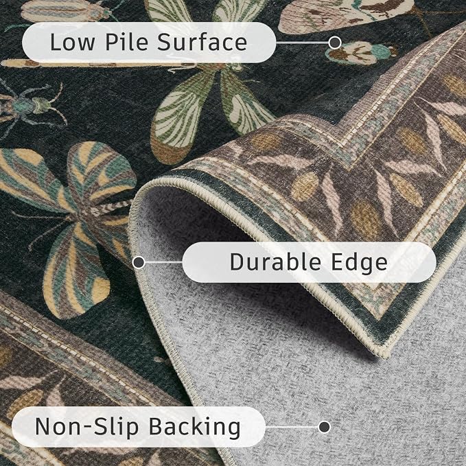 DCX 6x9 Washable Insect Rug, Vintage Gothic Black Rug with Non-Slip Rubber Backing, Soft Low-Pile, Stain-Resistant, Kid & Pet Friendly, for Living Room, Bedroom, Office, and Nature-Themed Decor
