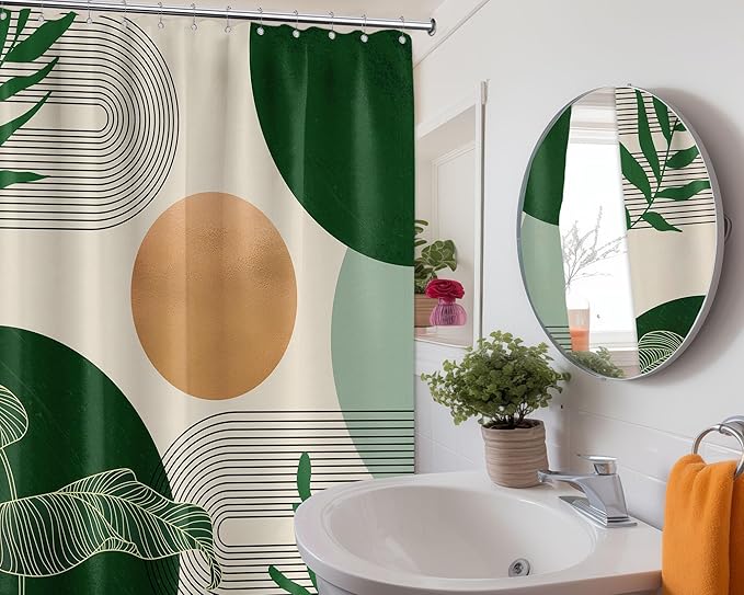 Dark Green Shower Curtain Olive Green Emerald Mid Century Modern Shower Curtains for Bathroom Decor Boho MCM Neutral Bath Curtain Set, Waterproof Fabric with Hooks 70 x 72 Inch