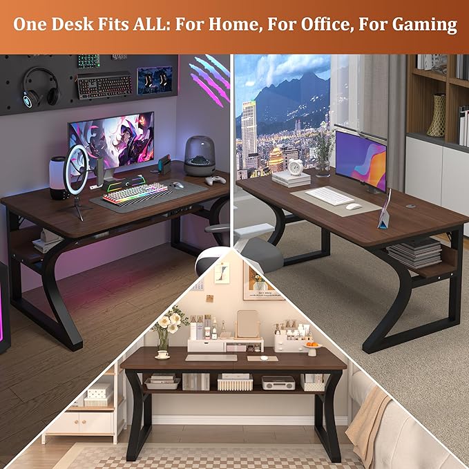 AZN Computer Desk, 55x24 in Computer Desk, Office Desk w/Storage & U-Size Metal Frame for Home Office Bedroom Gaming, Office Desk w/Water-Resistant, Scratchproof Surface, Dark Walnut