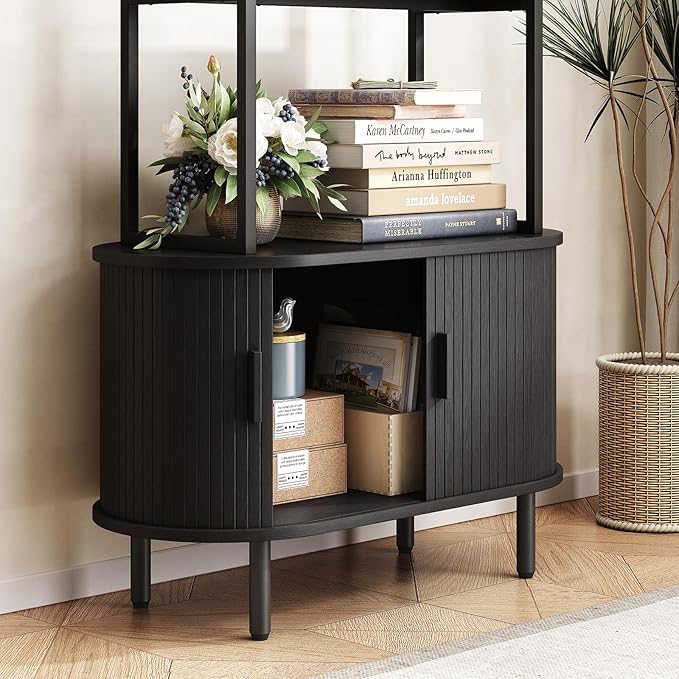 ONBRILL 71" Tall Bookshelf, 4-Tier Book Shelf with Storage Cabinet, Modern Bookcase with Sliding Door and Adjustable Footpad, Freestanding Storage Organizer Bookshelf for Living Room, Bedroom, Black