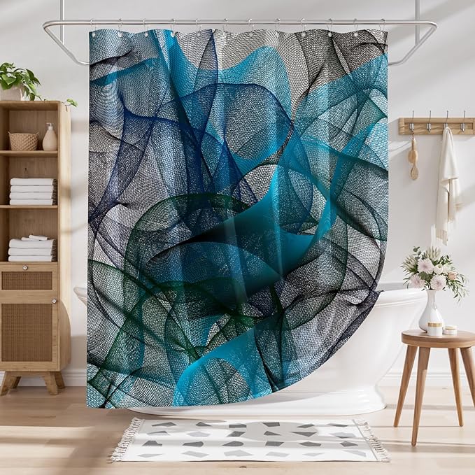 AmazerBath Shower Curtain Blue, Abstract Black Striped Cloth Shower Curtain Sets with 12 Shower Curtain Hooks, Luxury Rustic Fabric Washable Shower Curtain for Bathroom Home Decor, 72x72 Inches