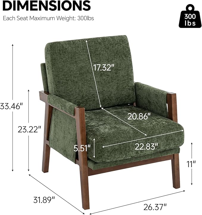 Mid Century Modern Accent Chair with Wood Frame, Upholstered Living Room Chairs with Wide Armrest, Chenille Fabric Comfy Arm Chair for Bedroom, Reading Room, Balcony (1, Green)