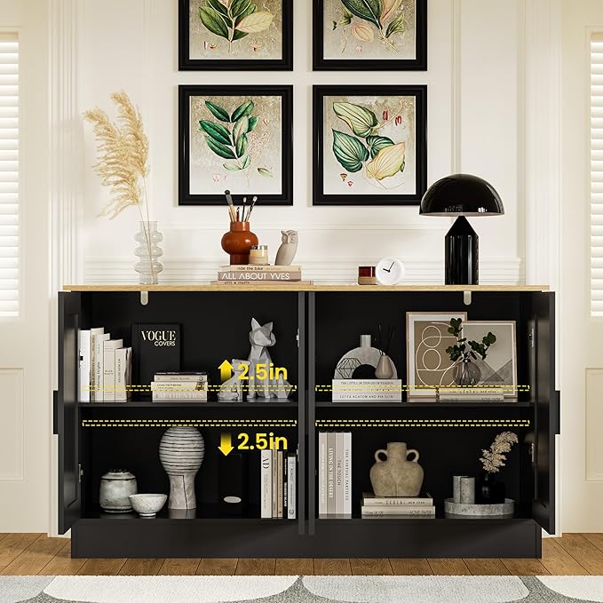 Anystyle 53" Black Buffet Cabinet with Storage, Modern Kitchen Sideboard with 4 Doors & Adjustable Shelves, Entryway Credenza & TV Console Table for Living Room, Dining Room