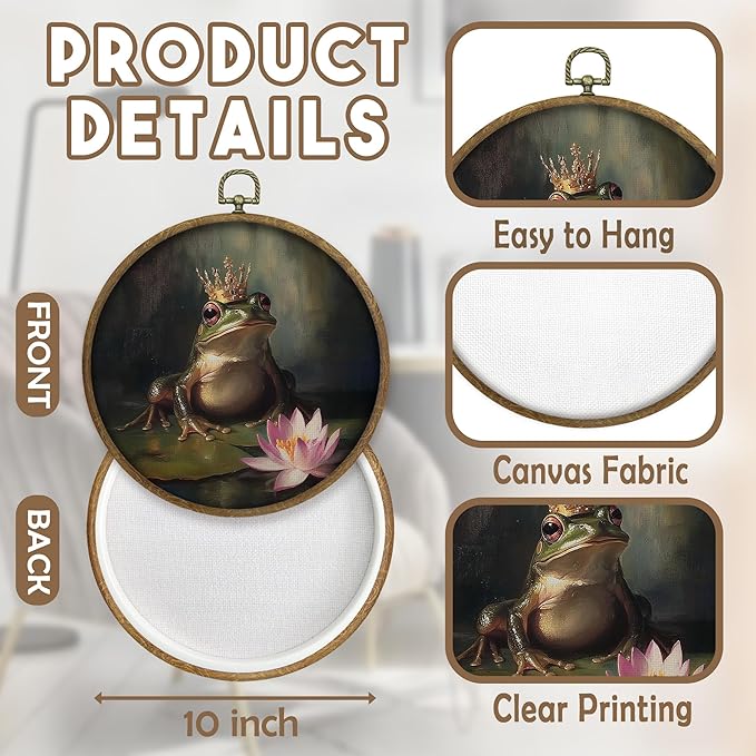 CGBHW Vintage Frog Round Wall Art Decor, Cottagecore Farmhouse Frog Canvas Prints Framed, Dark Botanical Wall Art Hanging Decor for Home Gallery Bedroom Living Room Decorations, 10x10 Inch