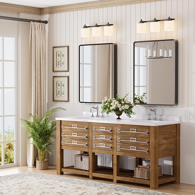 Black Bathroom Mirror 28x36 inch, Rounded Rectangle Metal Framed Vanity Wall Mirror, HD Tempered Glass, Horizontal or Vertical Hanging