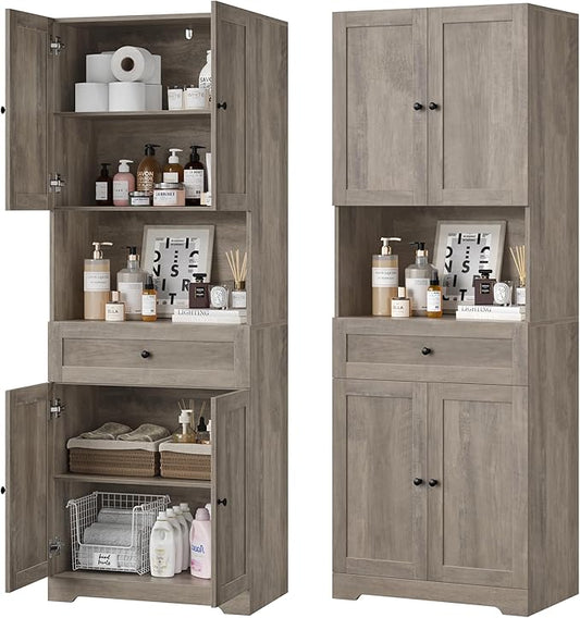 Tall Bathroom Storage Cabinets with Drawer, Farmhouse Linen Cabinet with Doors & Shelves, 67” Tall Storage Cabinet Freestanding for Bathroom, Dining Room, Kitchen, Pantry, Laundry, Narrow Corner,Brown