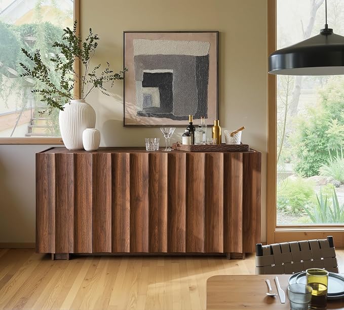 win2win 61.7" Buffet Cabinet with Storage, Mid Century Modern Sideboard with Wave Design, Wood Grain Finish, Credenza with Adjustable Shelves, Modular Cabinets for Living Dining Room Hallway, Walnut