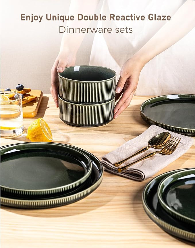 GBHOME 12-Piece Stoneware Dinnerware Set for 4 – Ribbed Ceramic Plates and Bowls, Scratch-Resistant, Microwave & Dishwasher Safe, Reactive Glaze, Mossed Jade