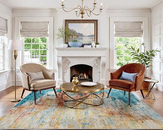 Beeiva Abstract Washable Rugs 8x10, Large Non Slip Area Rug for Living Room, Ultra Thin Foldable Low Pile Carpet for Bedroom Dining Room Playroom - Yellow/Blue