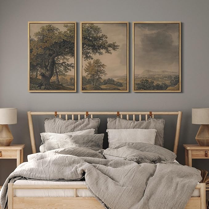 MUDECOR Framed Wall Art Print Set Vintage Landscape Rustic Tree and Mountain View Illustrations Decorative Colorful for Living Room, Bedroom, Office - 24"x36"x3 Natural