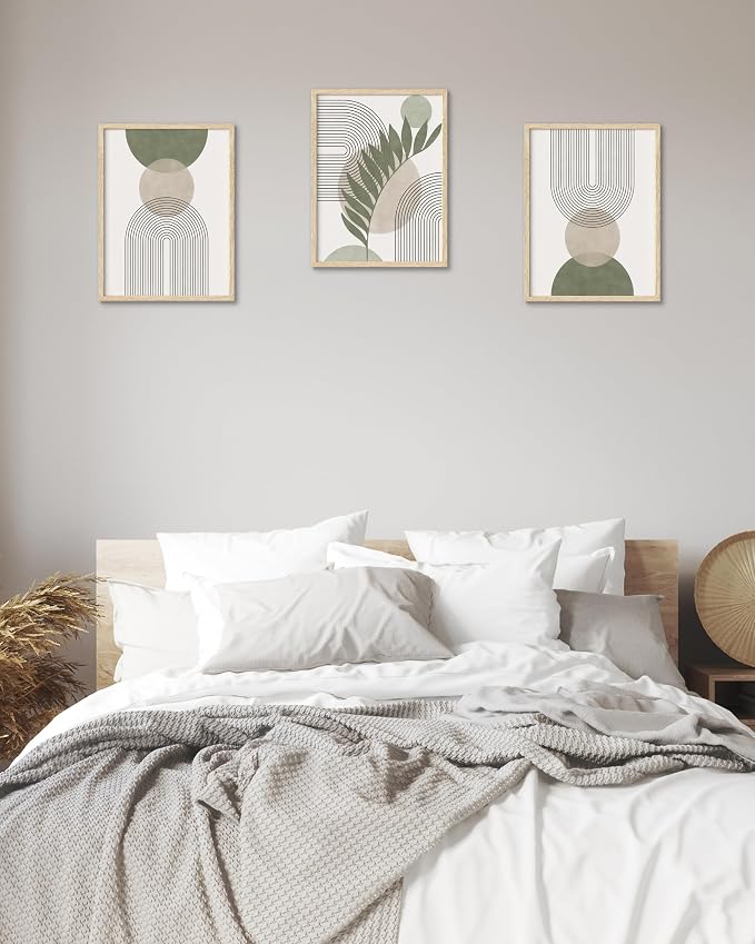 HesenDot Unframed Boho Sage Green Canvas Prints,12x16in Botanical Line Poster,Set of 3 Abstract Geometric Posters Decor,Minimalist Modern Green Artwork for Living Room Bedroom Bathroom Home, Unframed