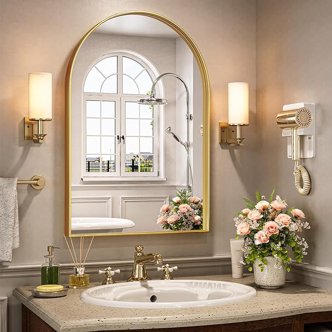 Brightify Arched Mirror, Arched Wall Mirror, 20 x 30 Inch Gold Arch Mirror, Metal Frame Gold Bathroom Mirror, Arched Top Bathroom Vanity Mirror for Living Room Bedroom Mantel Entryway Hallways
