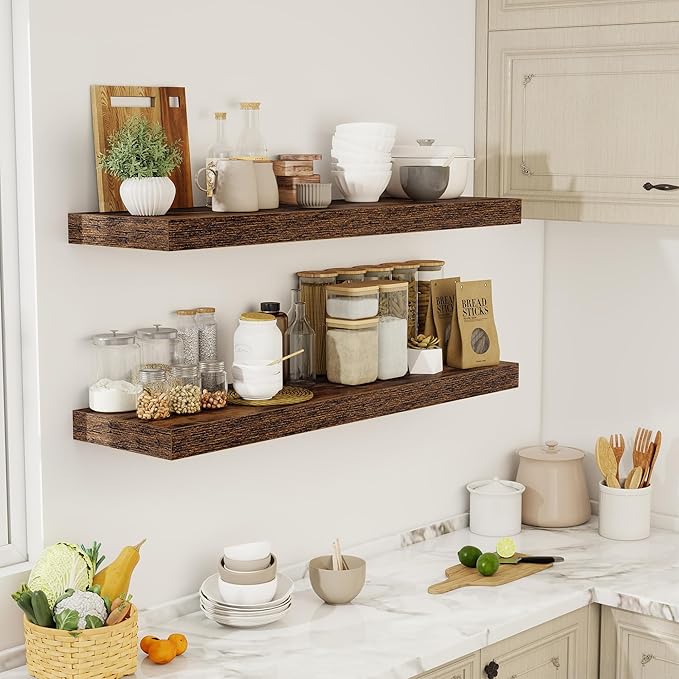 48 Inch Floating Shelves, 12" Deep Floating Shelf Wall Mounted, 48" Wall Shelves, Rustic Deep Bookshelf, Extra Deeper & Thicker Display Shelves for Bedroom, Living Room, Brown, Set of 2
