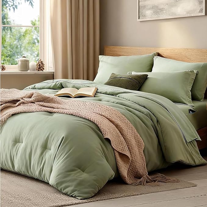 WRENSONGE Oversize King Size Comforter Set- 7 Pieces Sage Green Bed in a Bag Oversize King Size Comforter with Fitted Sheet, Flat Sheet, 2 Pillow Shams, 2 Pillowcases, Warm Bedding Sets for All Season