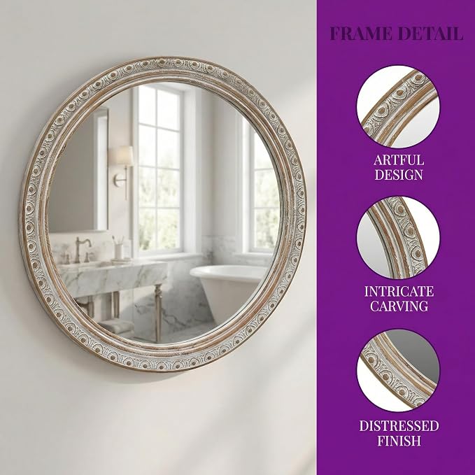 23.62'' Ornate Round Wall Mirror with Distressed Frame & Pre-Installed Hanging, Decorative Mirror with Large Reflective Surface for Bathroom Bedroom Living Room, Ancient White