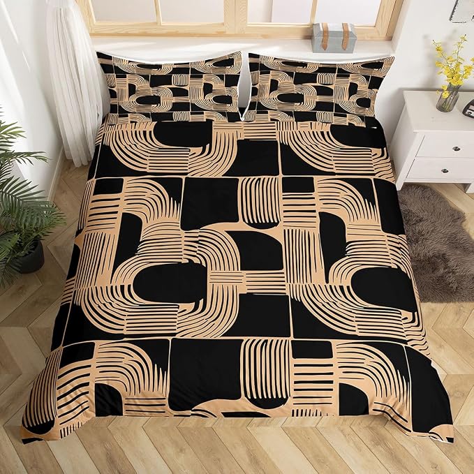 Erosebridal Boho Ethnic Duvet Cover King Size for Boys Geometric Stripes Bedding Set Black Brown Bohemian Striped Comforter Cover for Kids Teens Youth Women Room Modern Simple Aesthetics Bed Sets