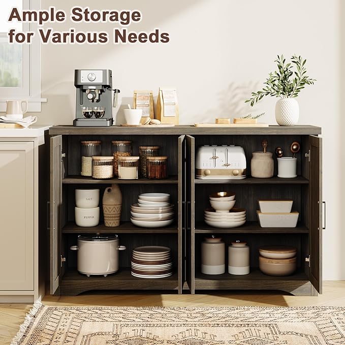 Fluted Buffet Cabinet with Storage Accent Sideboard,Modern Credenza with 4 Doors & Adjustable Shelves,Wood Coffee Bar Table Console for Dining Room Kitchen Living Room Entryway,Gray