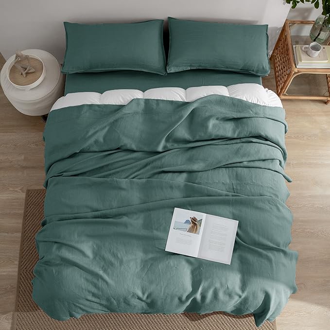 EVERLY Linen Sheets King Size,100% Stonewashed Pure French Linen Sheets 16Inch Deep Pocket Sheets,3Pieces (1Flat Sheet,1Fitted Sheet,2Pillowcase) Natural Flax Soft and Breathable For Hot Sleepers-Aqua