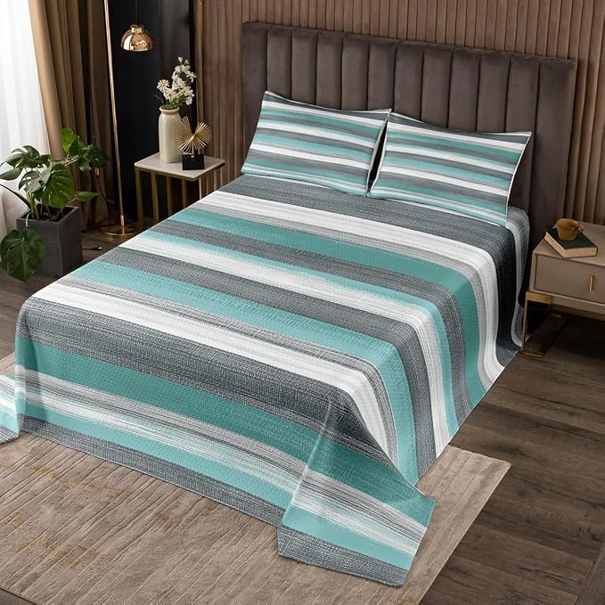 Erosebridal Grey White Teal Bedspread Twin Size Abstract Art Quilt Set, Geometric Stripe Coverlet Set Grunge Aesthetic Bedding Set, Boho Hippie Modern Bed Cover 2pcs with 1 Pillow Case