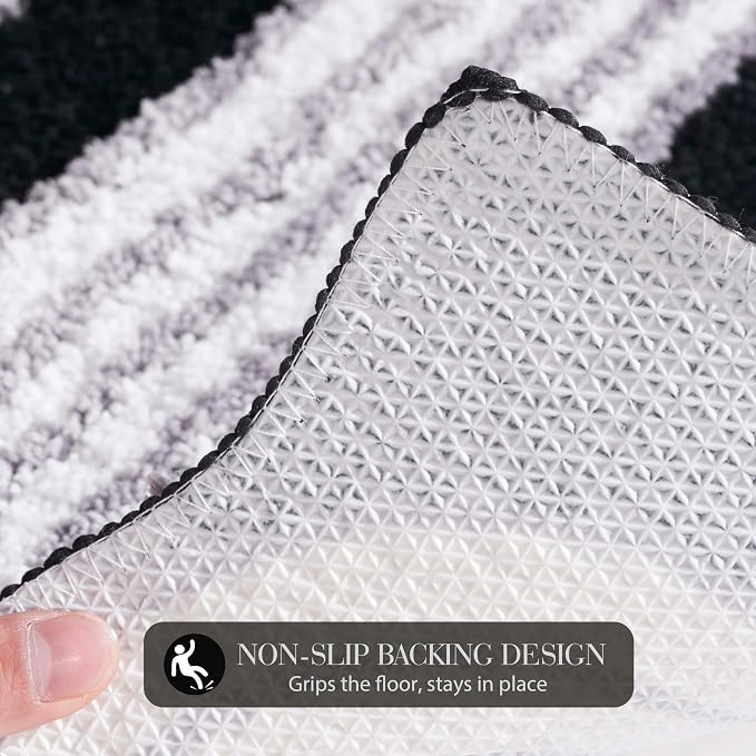 Wavy Boho Bathroom Rugs, Cute Retro Scalloped Bath Mat with Funky Geometric Design, Black Room Decor Cool, Machine Washable Soft Non-Slip Bath Rug, Black and White Bathroom Rugs, 30" x 20"