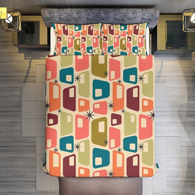 Modern Mid Century Duvet Cover Queen Retro Atomic Bedding Set, Rainbow Grid Comforter Cover Vintage Fifties 1950s Bed Set，Abstract Art Bedding 3 Piece (1 Duvet Cover 86"x70" + 2 Pillow Sham 20"x30")