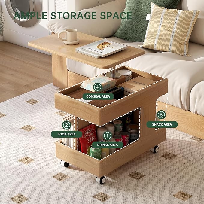 100% Solid Wood Lift Top Coffee Table with Storage, Small Bedside Table with Wheels and 360° Rotating Desktop, Rolling Coffee Table for Living Room, Bedroom(Natural, No Need to Install)