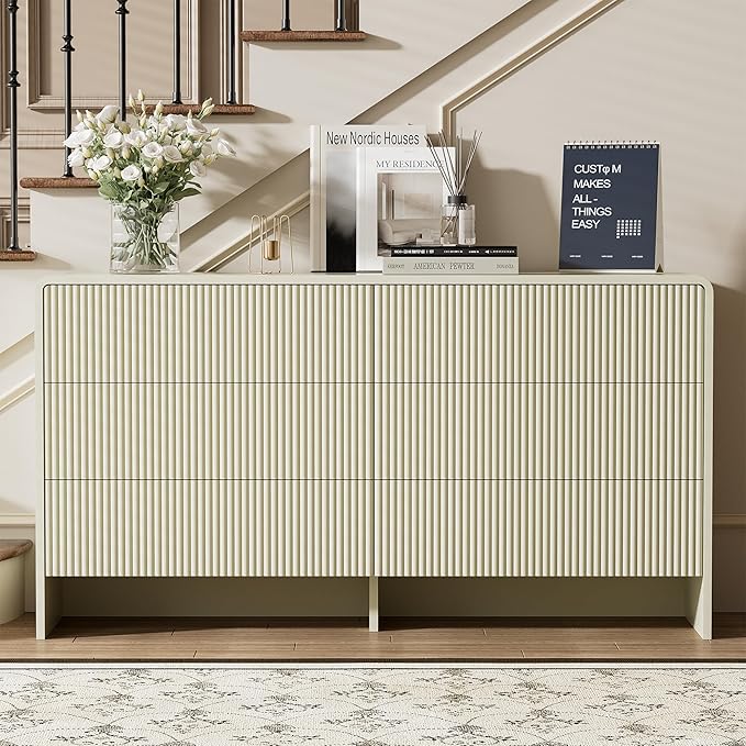 Beige 6 Drawer Dresser, 55" Wide Wood Chest of Drawers with Curved Design, Modern Fluted Dresser with Push-to-Open Storage for Bedroom