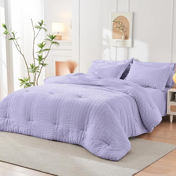 HYMOKEGE Light Purple California King Comforter Set Seersucker 7 Pieces, All Season Luxury Bed in a Bag for Bedroom, Bedding Set with Comforter, Sheets, Pillowcases & Shams