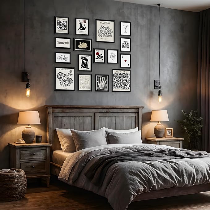 LANCHI95 16 PCS Black and White Home Decor, Eclectic Wall Art, Minimalist Posters for Living Room Aesthetic, Matisse Abstract Gallery Wall Prints for Bedroom, Collage Kit Pictures (FRAMED, Black Eclectic 1)