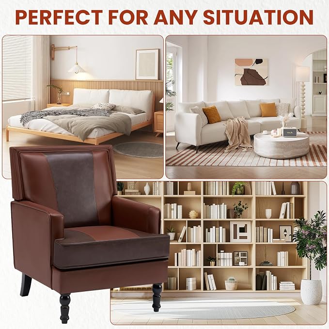 MOJAY Mid-Century Modern Accent Chairs, PU Leather Upholstered Lounge Armchair, Comfy Club Chair for Living Room, Bedroom, Home Office & Study (Brown)