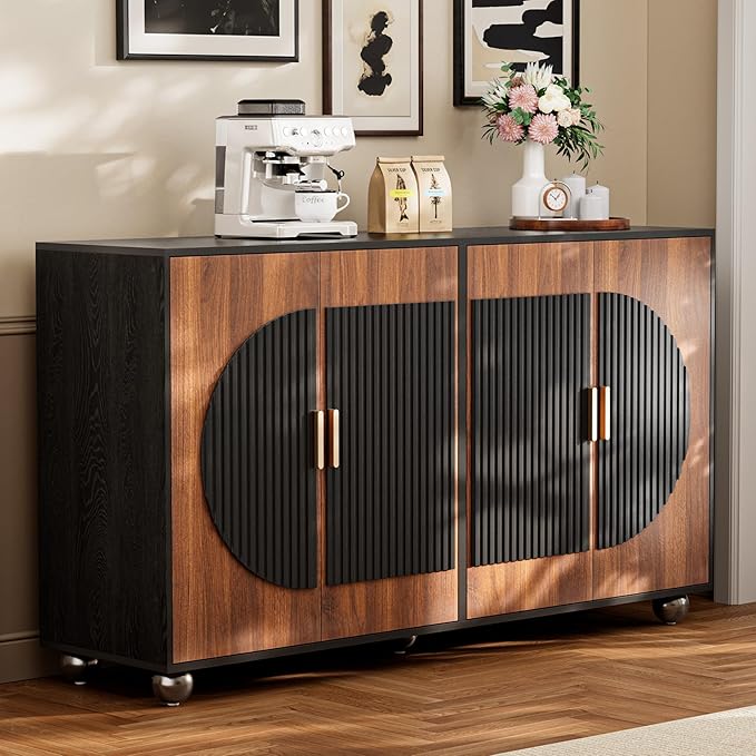 58" Fluted Modular Buffet Cabinet with Storage, Modern Sideboard Credenza w/Adjustable Shelves, Large Coffee Bar Media TV Console Table for Living Room/Dining Room/Kitchen/Entryway, Walnut