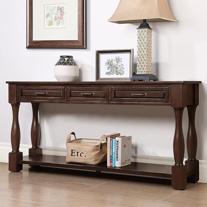 Merax Console Table with 4 Drawers, Retro Entryway Table with Open Storage Shelf for Entryway, Wood Side Table with Thick Legs for Living Room Bedroom, Espresso