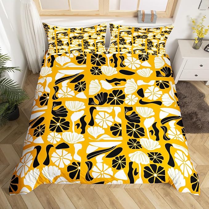 Boho Abstract Floral Duvet Cover Full Vintage Patchwork Black White Plant Bedding Set Mid Century Retro Abstract Geometric Comforter Cover For Kids Adults,Botanical Flowers Modern Aesthetic Bed Set
